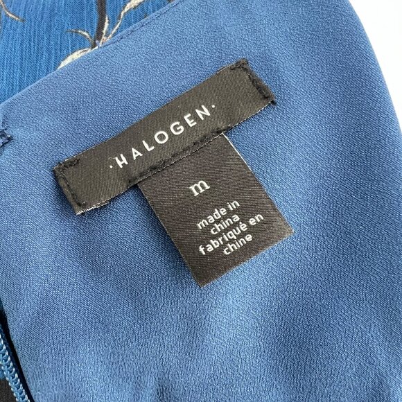 Halogen Floral Wrap Draped Dress Blue Black White Size Medium - Picture 11 of 13